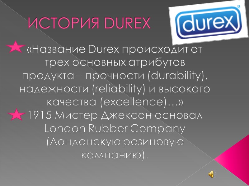 ИСТОРИЯ DUREX «Название Durex происходит от трех основных атрибутов  продукта – прочности (durability),